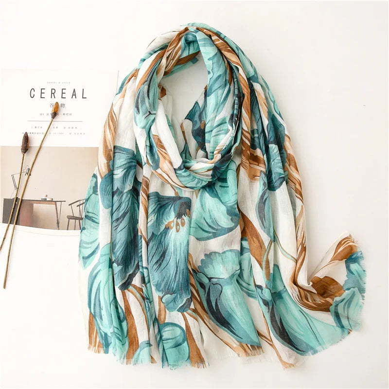 90*180cm Fashion high-grade flowers Cotton and linen female Polyester scarf printing gift custom national wind shawl beach towel