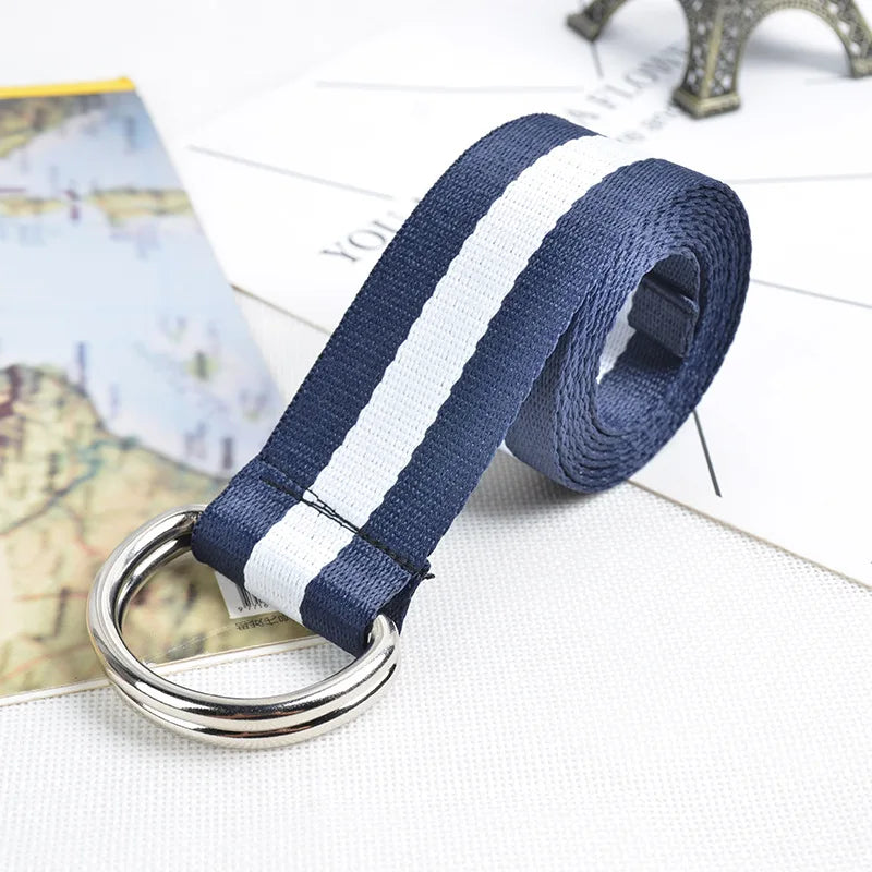 Hot Metal Double Buckle Versatile Leisure Sports Retro Canvas Stripe Decoration Men's and Women's Belts