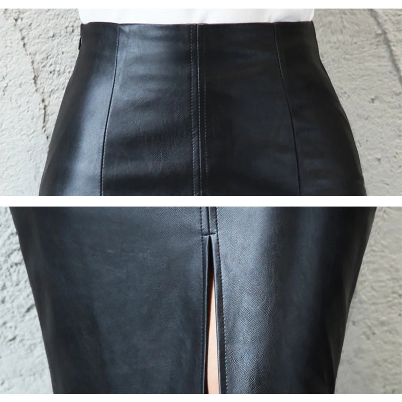 Women PU Leather Midi Skirt Autumn Winter Ladies Package Hip Front or Back Slit Pencil Skirt