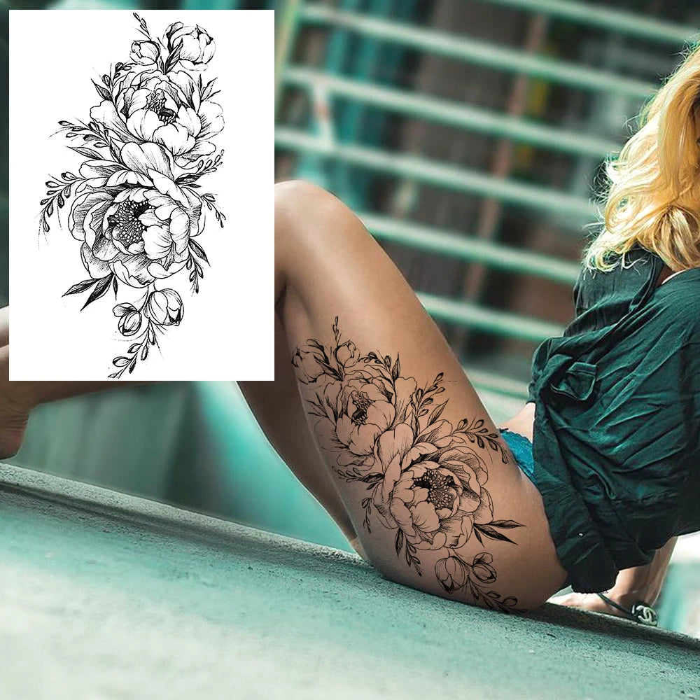 Tatuajes de peonías sexys realistas, tatuajes temporales de flores para mujeres adultas, tatuajes de flores para el brazo, tatuajes artísticos para el cuerpo y las piernas a prueba de agua