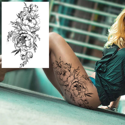 Tatuajes de peonías sexys realistas, tatuajes temporales de flores para mujeres adultas, tatuajes de flores para el brazo, tatuajes artísticos para el cuerpo y las piernas a prueba de agua