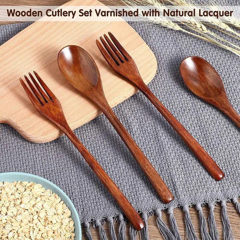 10 Pcs Wooden Spoons Forks Set Wooden Utensil Set Reusable Natural Wood Flatware Set for Cooking Stirring Eating