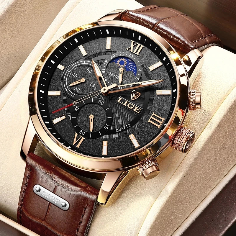 2024 New Mens Watches LIGE Top Brand Luxury Leather Casual Quartz Watch Men's Sport Waterproof Clock Watch Relogio Masculino+Box