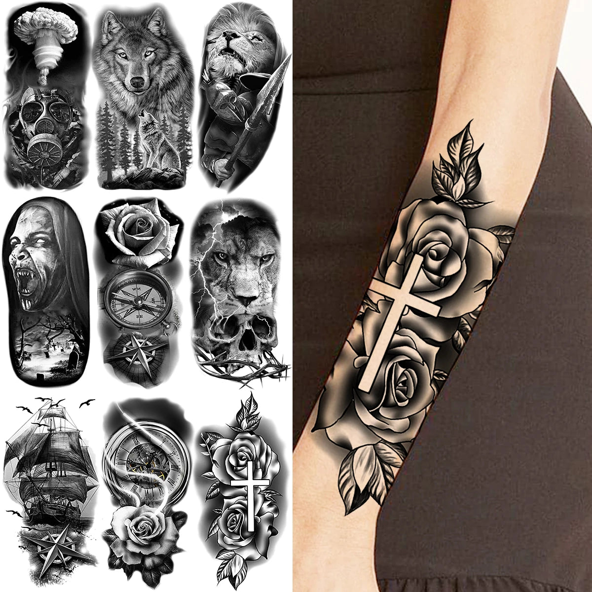 Tatuajes temporales de cruz de flores y rosas negras para mujeres adultas, lobo, león, vampiro, brújula, barco pirata, tatuaje falso, tatuajes para el brazo