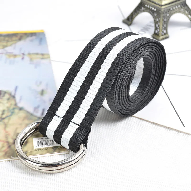 Hot Metal Double Buckle Versatile Leisure Sports Retro Canvas Stripe Decoration Men's and Women's Belts