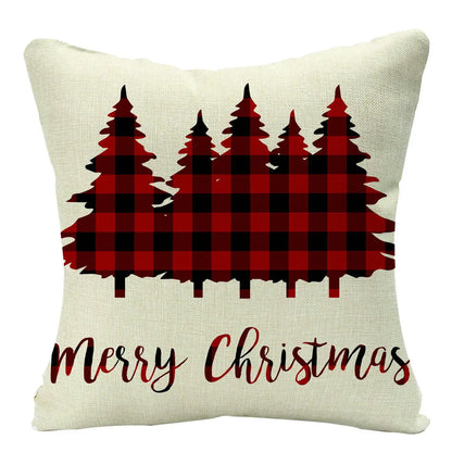 Linen Red Scottish Plaid Christmas Cushions Case Reindeer Trees Snowflakes Print Christmas Decorative Pillows for Sofa Couch Bed