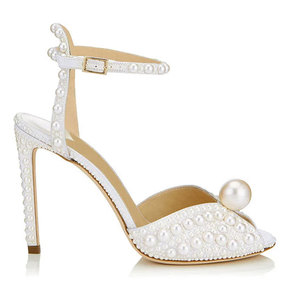 Summer sweet beige pearl hollow fish mouth fine high-heeled bridal wedding shoes large size banquet dress female sandals