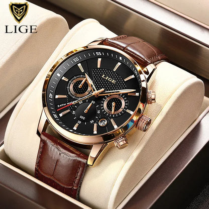 2024 New Mens Watches LIGE Top Brand Luxury Leather Casual Quartz Watch Men's Sport Waterproof Clock Watch Relogio Masculino+Box