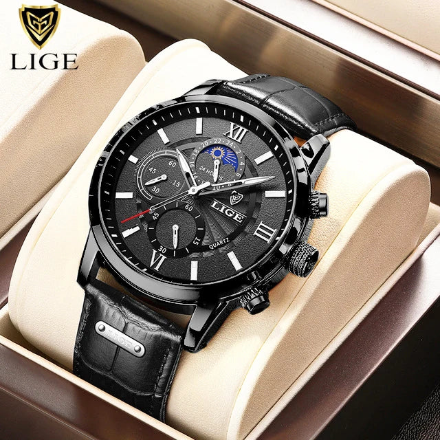 2024 New Mens Watches LIGE Top Brand Luxury Leather Casual Quartz Watch Men's Sport Waterproof Clock Watch Relogio Masculino+Box