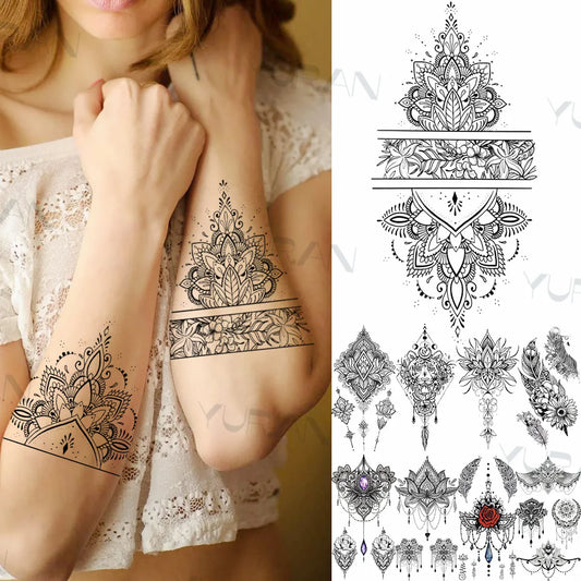 Tatuajes temporales únicos de flores de mandala para mujeres y hombres, tatuajes de gemas con colgante de pluma realistas, tatuajes lavables para el antebrazo