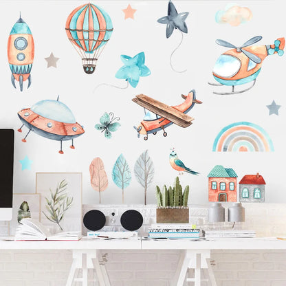 Cartoon Hot Air Balloon Wall Stickers for Boys Kids Baby Room Nursery Decor Art Airplane Airship PVC Removable Decals DIY Mural