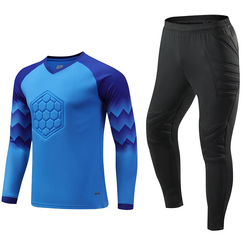 2021 Nuevo uniforme de entrenamiento de fútbol para hombres, uniforme de portero, conjunto de camiseta de fútbol para niños, camisa protectora de esponja de manga larga, pantalones