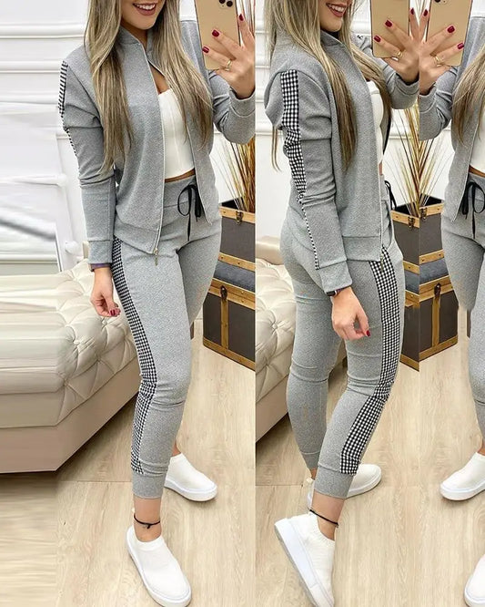 Spring Leisure Sports Zipper Tops Coat Pants 2 Two Pieces Sets For Women Striped Stitching Comfortable Activewear Sets