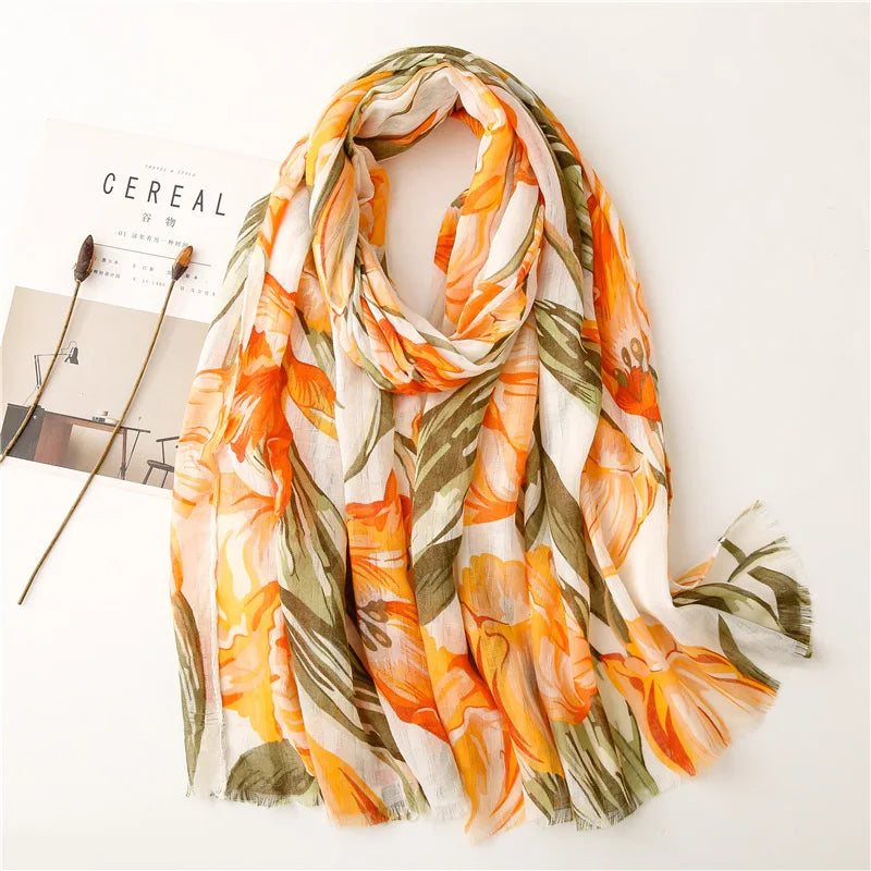 90*180cm Fashion high-grade flowers Cotton and linen female Polyester scarf printing gift custom national wind shawl beach towel