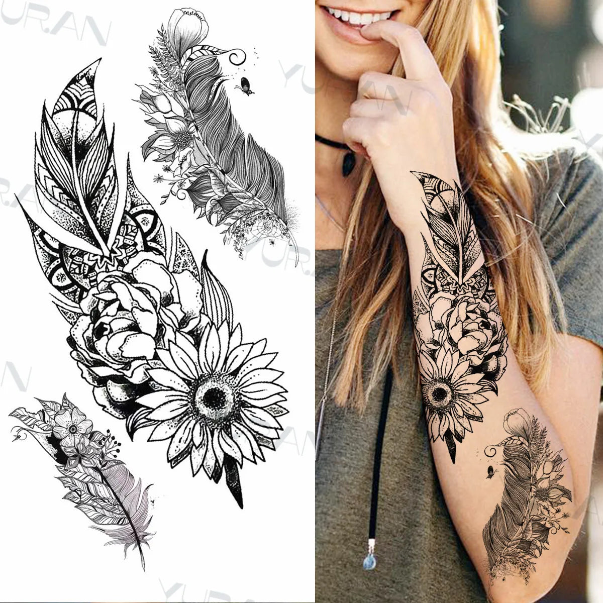 Tatuajes temporales únicos de flores de mandala para mujeres y hombres, tatuajes de gemas con colgante de pluma realistas, tatuajes lavables para el antebrazo