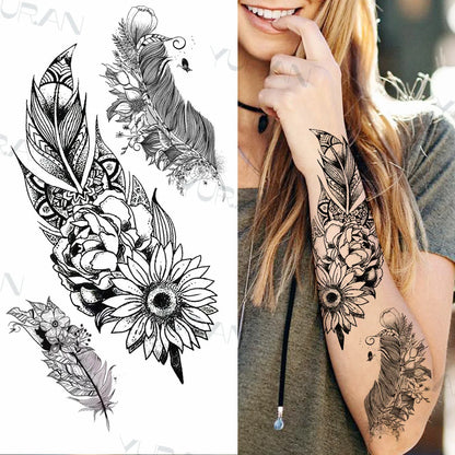 Tatuajes temporales únicos de flores de mandala para mujeres y hombres, tatuajes de gemas con colgante de pluma realistas, tatuajes lavables para el antebrazo