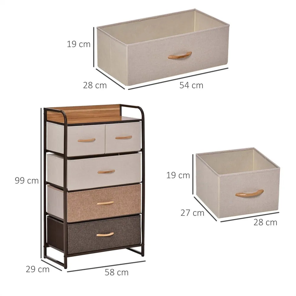 HOMCOM Comfy Fabric with 5 Drawers Removable and Folding Raised Base Storage Cabinet for Bedroom Living Room 58x29x99cm