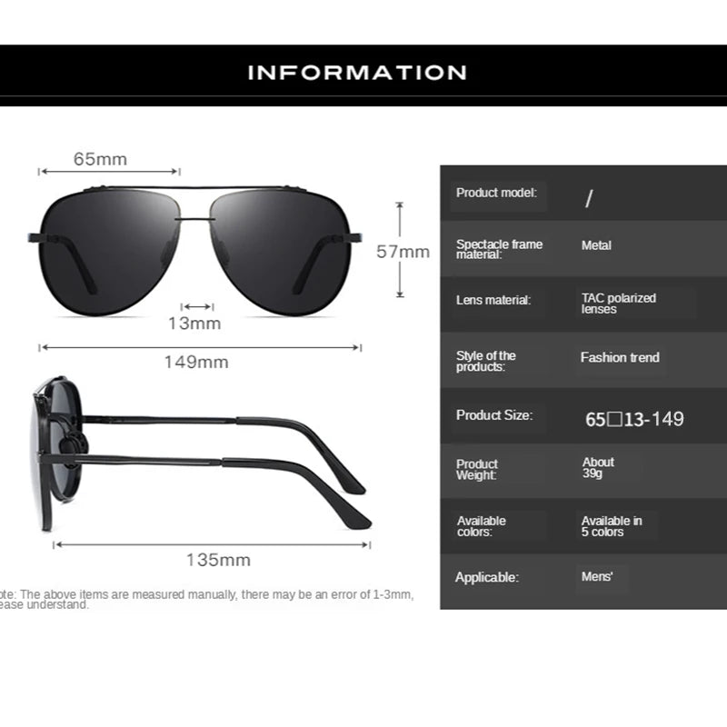 HD Polarized Big Men's Shades Metal frame Aviation Male Sunglasses Designer Men Oculos High Quality Oculos Vintage Sun Glasses