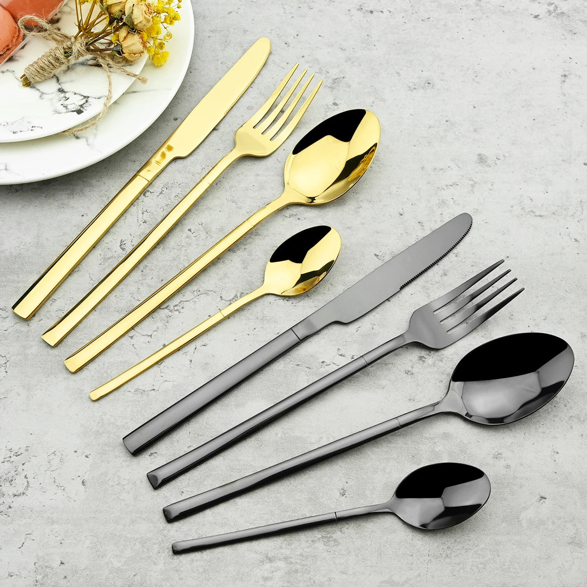 Stainless Steel Cutlery Set Mirror Black Dinnerware Set Knife Dessert Fork Coffee Tea Spoon Tableware Western Kitchen Flatware