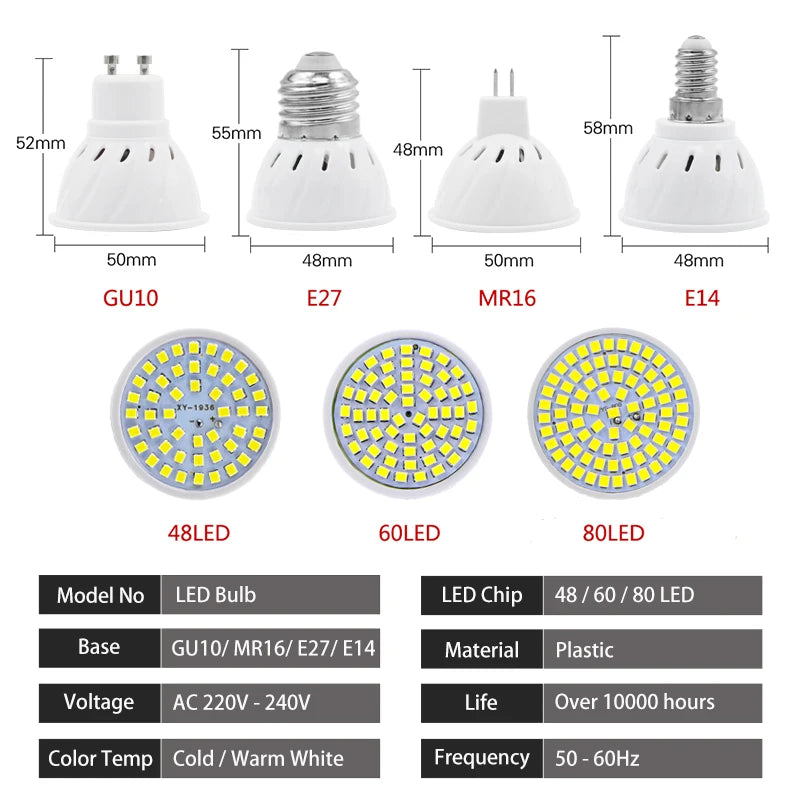 KARWEN  MR16 GU10 E27 E14 Lampada LED Bulb 220V 240V Bombillas LED Lamp 48 60 80 LED Spotlight 2835 SMD Lampara light