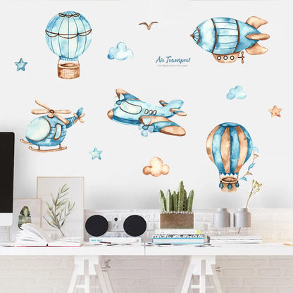 Cartoon Hot Air Balloon Wall Stickers for Boys Kids Baby Room Nursery Decor Art Airplane Airship PVC Removable Decals DIY Mural