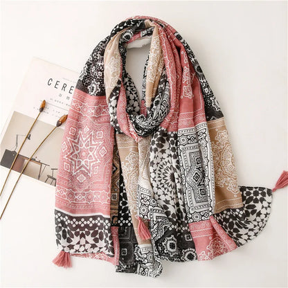 90*180cm Fashion high-grade flowers Cotton and linen female Polyester scarf printing gift custom national wind shawl beach towel