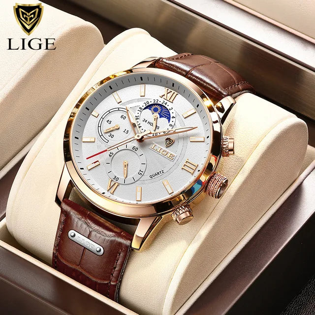 2024 New Mens Watches LIGE Top Brand Luxury Leather Casual Quartz Watch Men's Sport Waterproof Clock Watch Relogio Masculino+Box