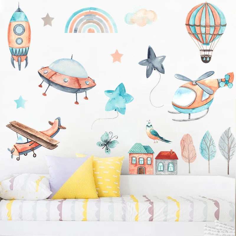 Cartoon Hot Air Balloon Wall Stickers for Boys Kids Baby Room Nursery Decor Art Airplane Airship PVC Removable Decals DIY Mural