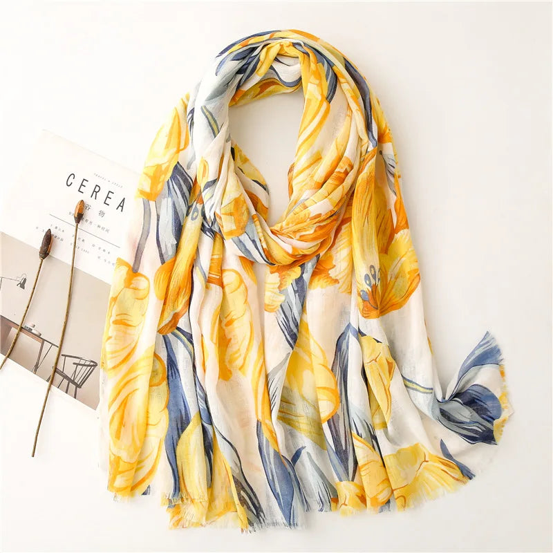 90*180cm Fashion high-grade flowers Cotton and linen female Polyester scarf printing gift custom national wind shawl beach towel