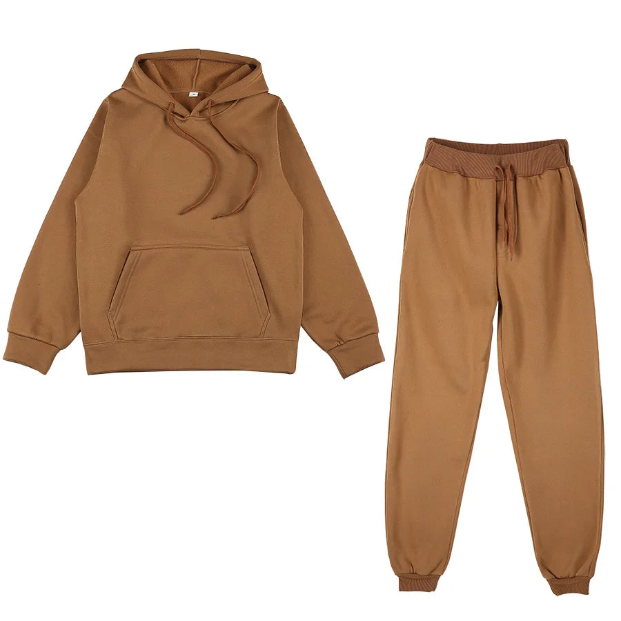 New Men Women Tracksuit Hoodies Casual Solid Color Thick Pullover and Long Pant 2-piece Set Men Autumn Fleece Jogger Sports Suit