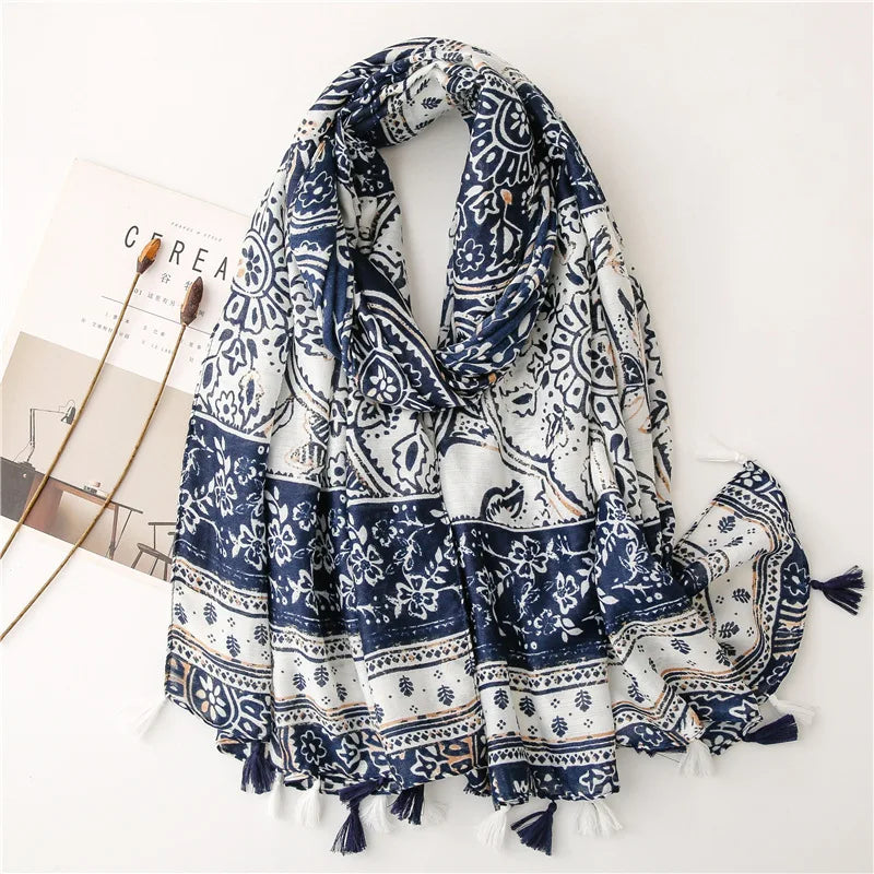 90*180cm Fashion high-grade flowers Cotton and linen female Polyester scarf printing gift custom national wind shawl beach towel