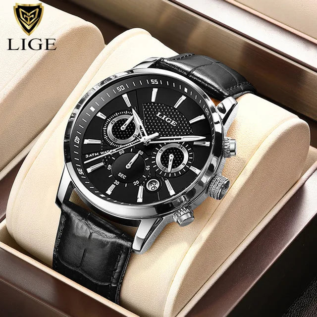 2024 New Mens Watches LIGE Top Brand Luxury Leather Casual Quartz Watch Men's Sport Waterproof Clock Watch Relogio Masculino+Box