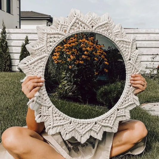 Macrame Decorative Wall Mirror  Boho Home Decor Makeup Aesthetic Mirrors Living Room Bedroom Christmas Wedding Decoration Gift