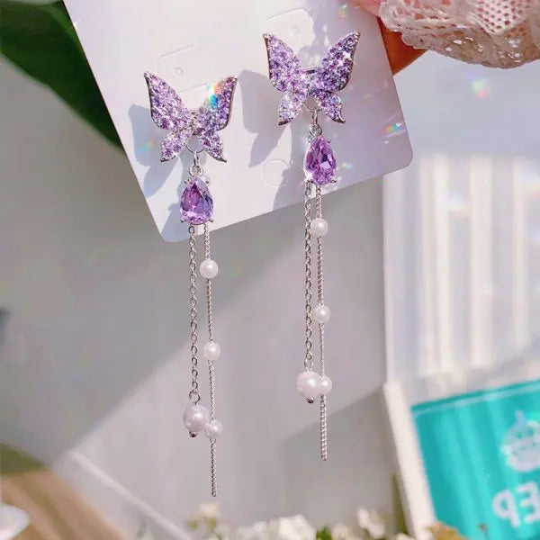 Korean Shiny Butterfly Crystal Drop Earring Bijoux Long Tassel Dangle Earrings for Women Statement Earrings Party Jewelry Gifts