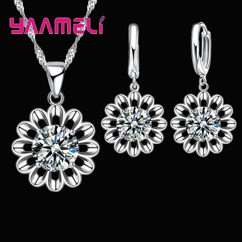 New Fashion Wedding Jewelry Set Women Top Quality 925 Sterling Silver Color Crystal Pendant Necklace Hoop Earring Big Promotion