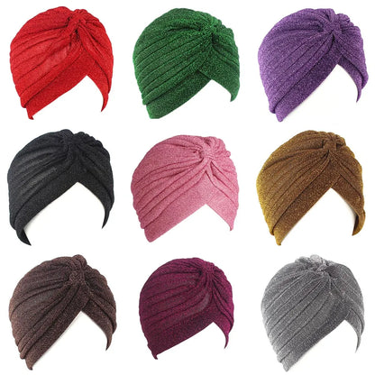 Women Shiny Silver Gold Knot Twist Turban Headbands Cap Autumn Winter Warm Headwear Casual Streetwear Female Muslim Indian Hats