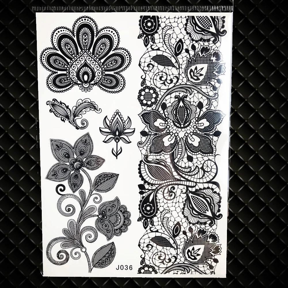 1 pieza de pegatinas de tatuaje de henna grandes para boda GBJ206, pasta de henna con encaje de tinta negra, tatuaje temporal de flores para novias y fiestas para mujeres, 21 x 15 cm