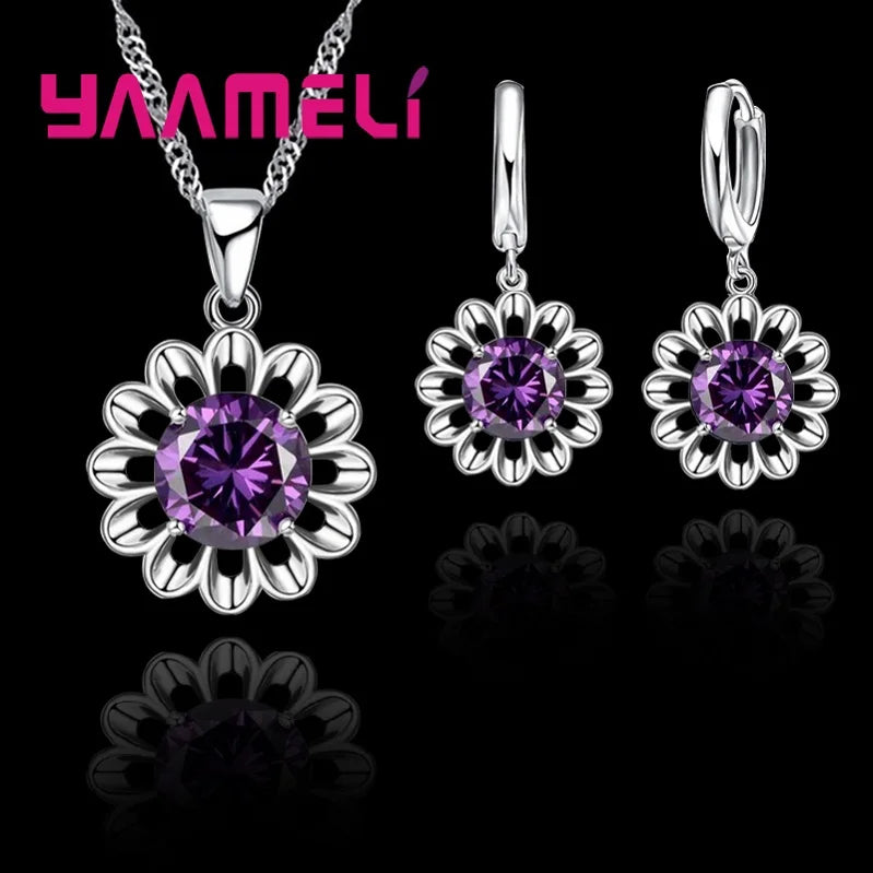 New Fashion Wedding Jewelry Set Women Top Quality 925 Sterling Silver Color Crystal Pendant Necklace Hoop Earring Big Promotion