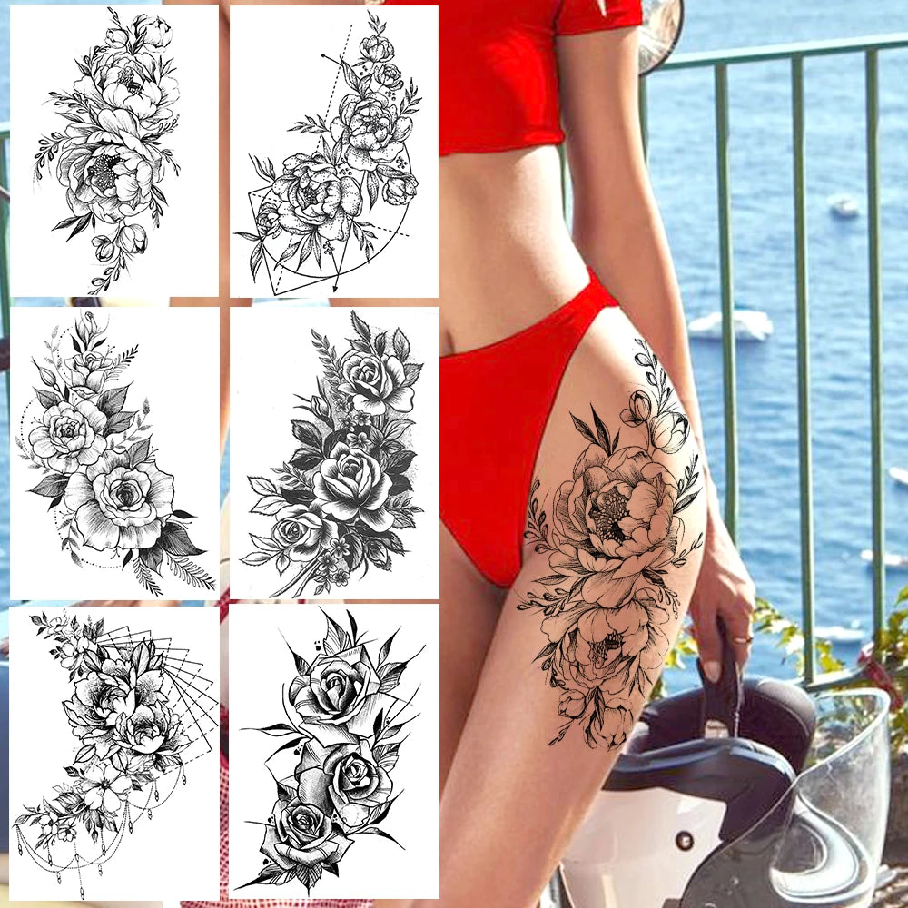 Tatuajes de peonías sexys realistas, tatuajes temporales de flores para mujeres adultas, tatuajes de flores para el brazo, tatuajes artísticos para el cuerpo y las piernas a prueba de agua