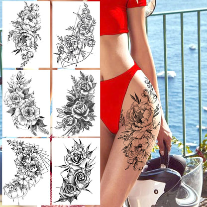 Tatuajes de peonías sexys realistas, tatuajes temporales de flores para mujeres adultas, tatuajes de flores para el brazo, tatuajes artísticos para el cuerpo y las piernas a prueba de agua