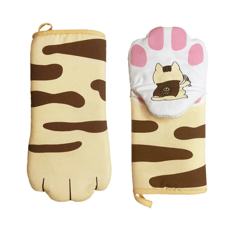 3D Cartoon Cat Paws Oven Mitts Long Cotton Baking Insulation Gloves Microwave Heat Resistant Non-Slip Kitchen Gloves