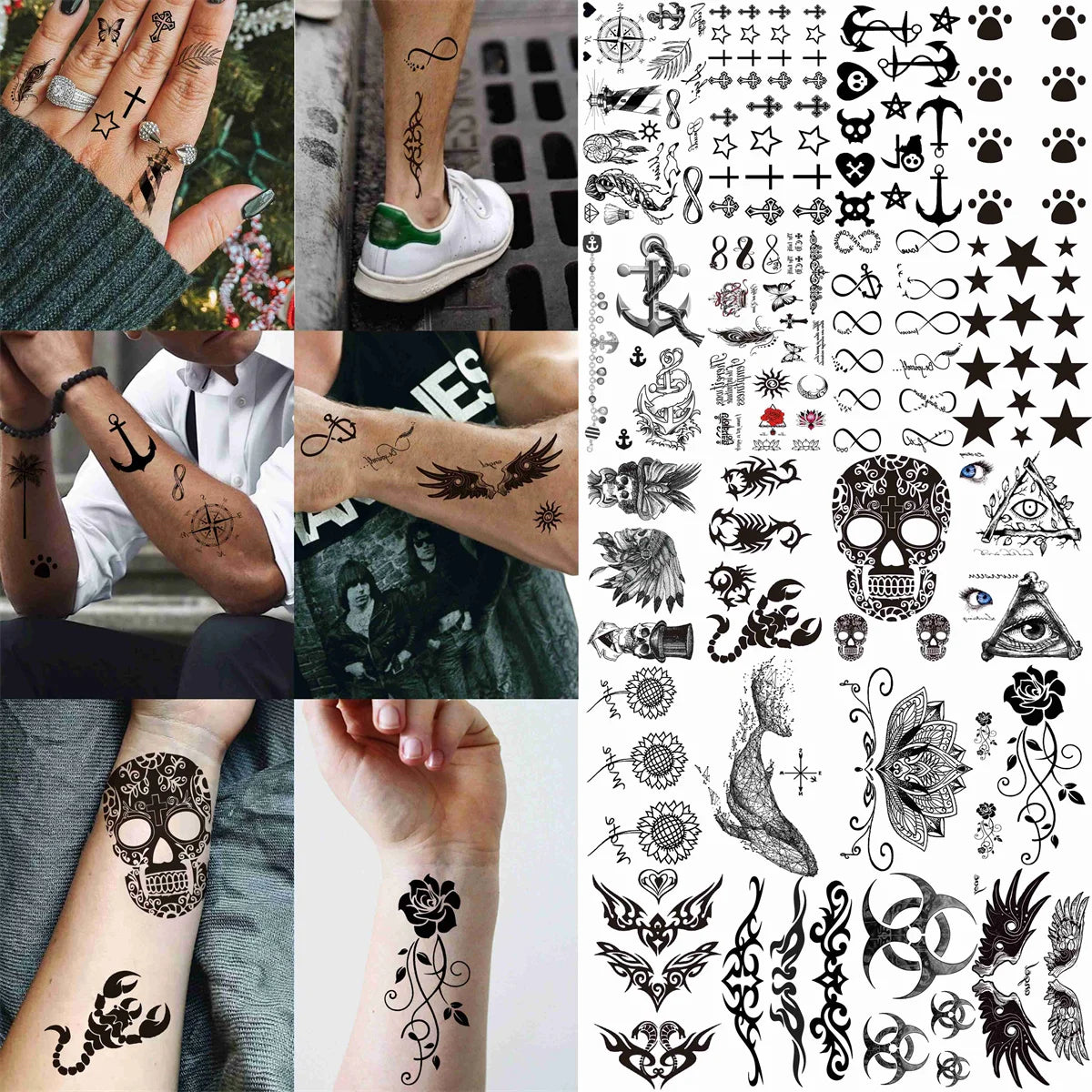 50 hojas de tatuajes temporales negros para hombres y mujeres, tatuajes falsos realistas de león, calavera, tótem, arte corporal, brazo, muslo, para niños