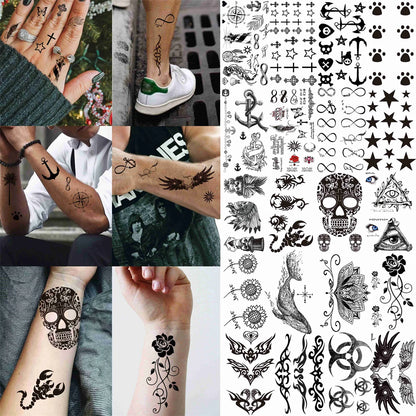 50 hojas de tatuajes temporales negros para hombres y mujeres, tatuajes falsos realistas de león, calavera, tótem, arte corporal, brazo, muslo, para niños