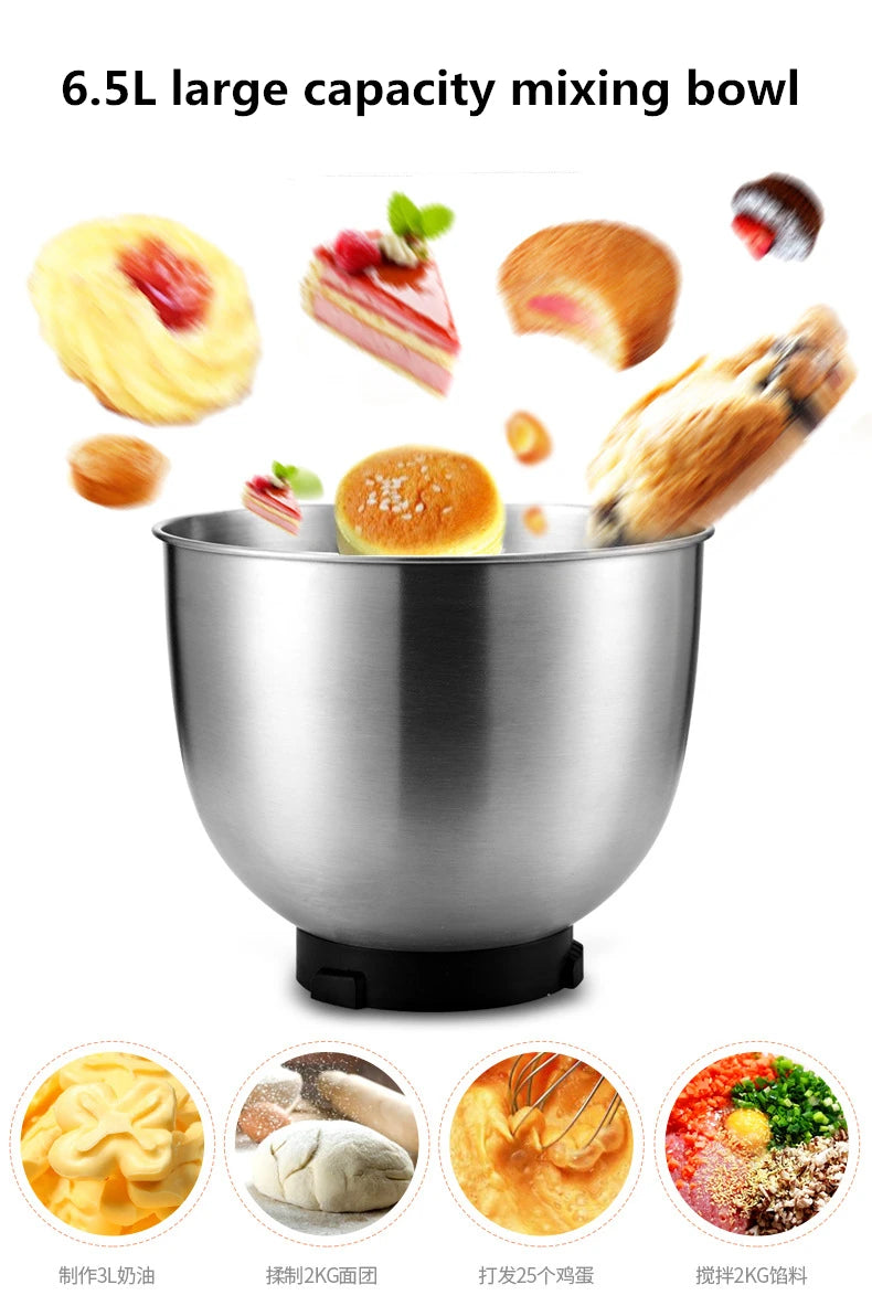 1300W 6.5L Planetary Mixer,electric Stainless Steel Mixer with bowl，chopper juicer Cream Cake Bread Kitchen Food Mixer 1300