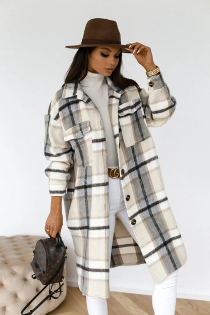 Winter Checked Jackets Coats Women Fashion Casual Oversized Turn Down Collar Long Outwear Thick Warm Woolen Blends Overcoats