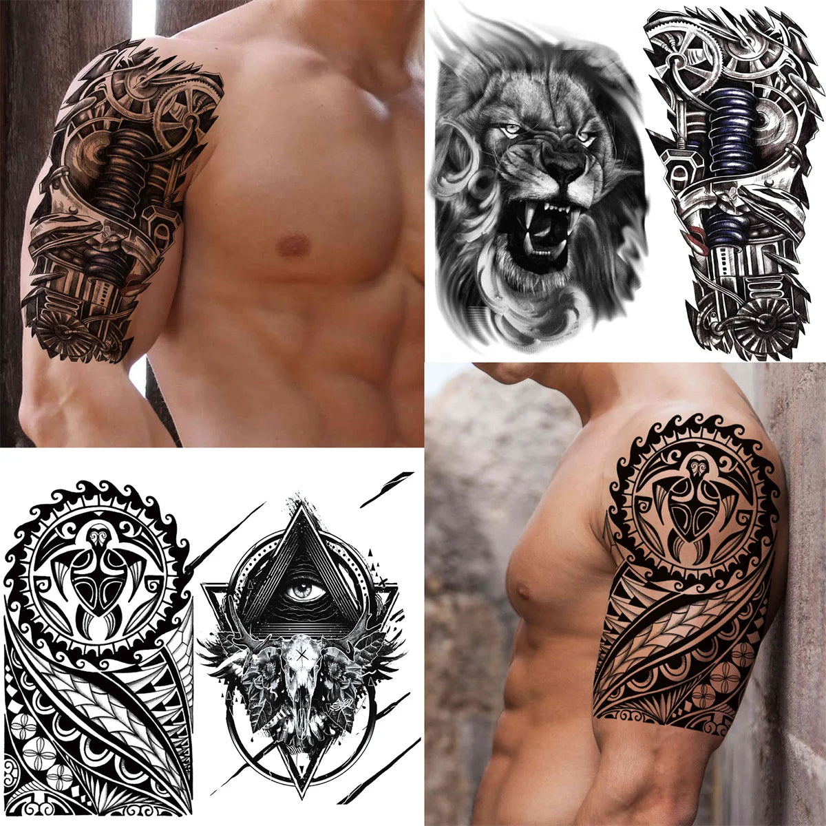 50 hojas de tatuajes temporales negros para hombres y mujeres, tatuajes falsos realistas de león, calavera, tótem, arte corporal, brazo, muslo, para niños