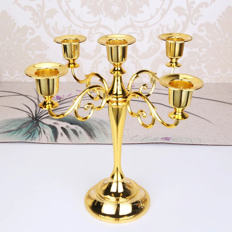 Candelabro de metal de bronce negro, dorado y plateado, candelabro retro de 5 brazos para decoración del hogar, hotel y cenas, candelabro retro romántico