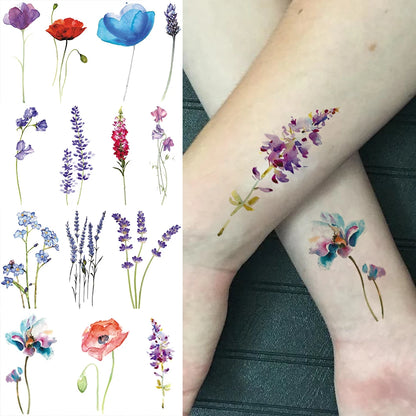 3D Watercolor Lavender Flower Temporary Tattoos For Women Body Art Arm Fake Flora Adults Tattoo Sticker Waterproof Girls Tatoos