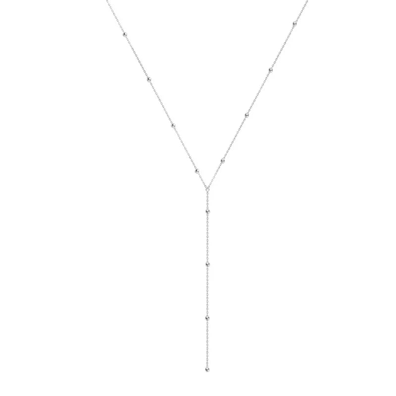 ANENJERY Silver Color Beads Chain Necklace for Women Simple Long Tassel Clavicle Chain Party Jewelry