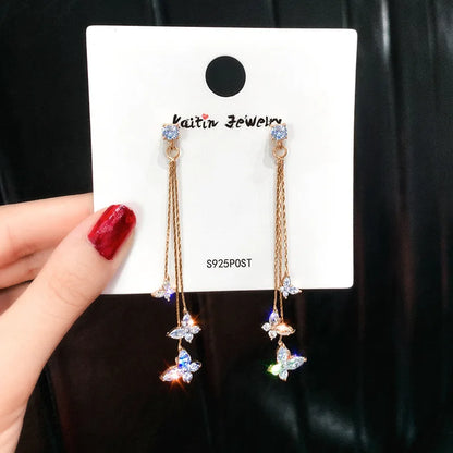 Korean Shiny Butterfly Crystal Drop Earring Bijoux Long Tassel Dangle Earrings for Women Statement Earrings Party Jewelry Gifts